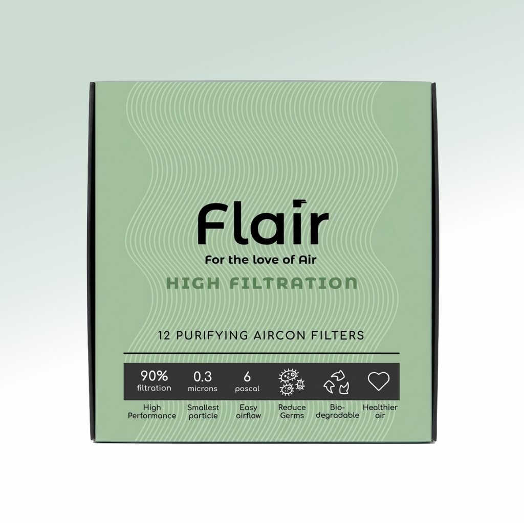 Flair 12-pack air purifying AC filter sheets packaging, 90% filtration