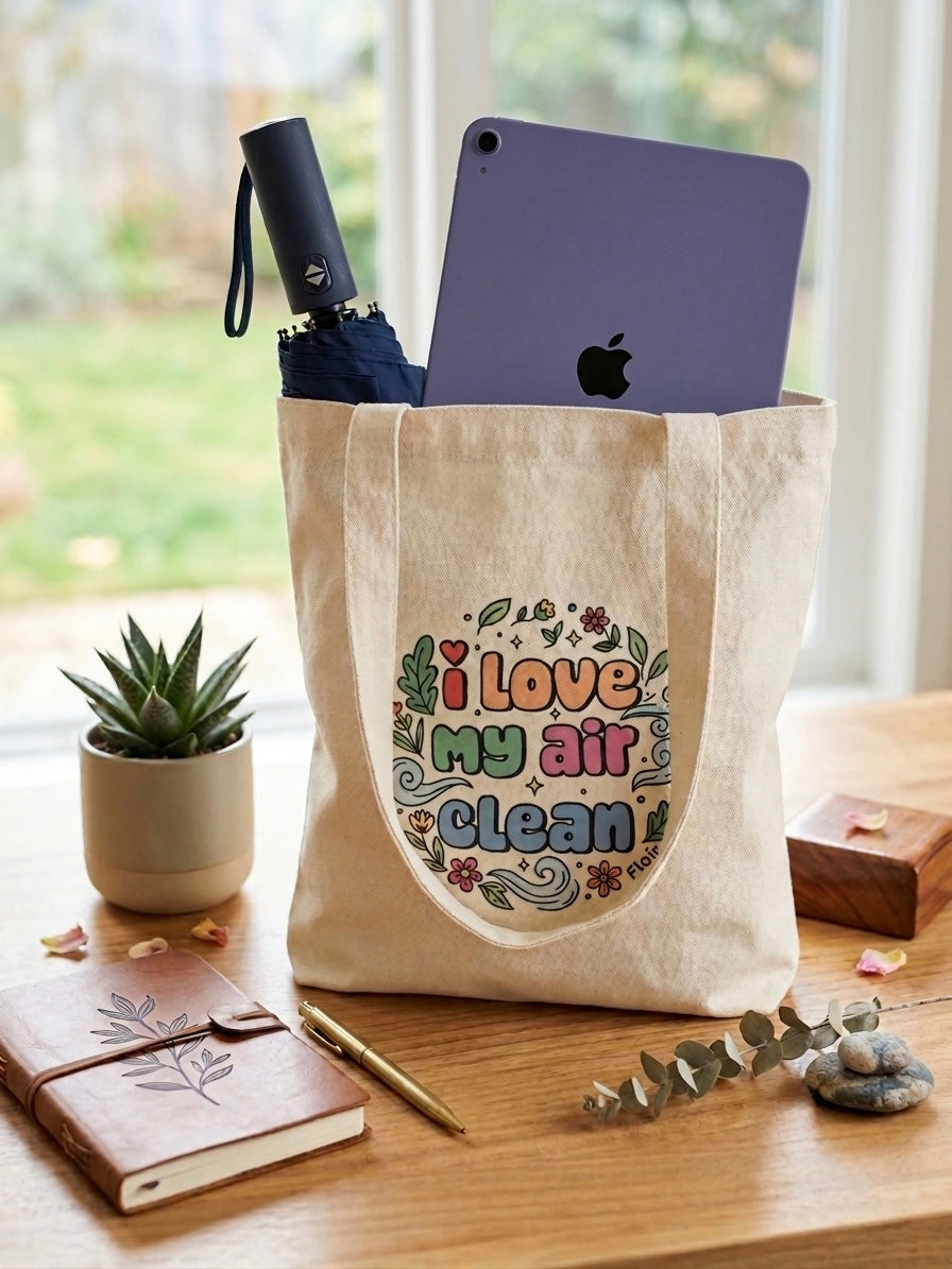 Flair canvas tote bag carried outdoors, air purifying filters brand