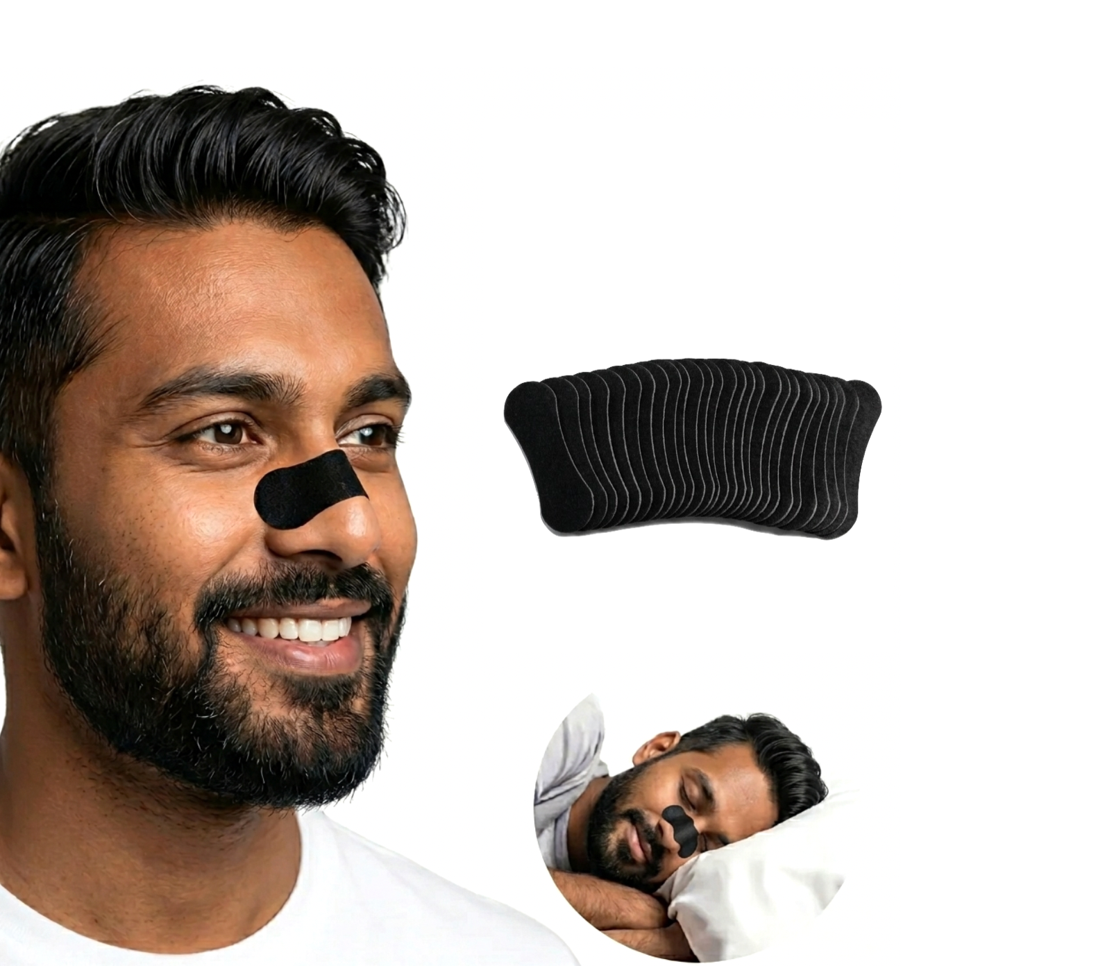 Man wearing a black nose clip with inset showing a person sleeping